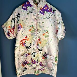 Oriental brand, SF China, vintage Pink/Green Silky Pajama Shirt w Geisha print